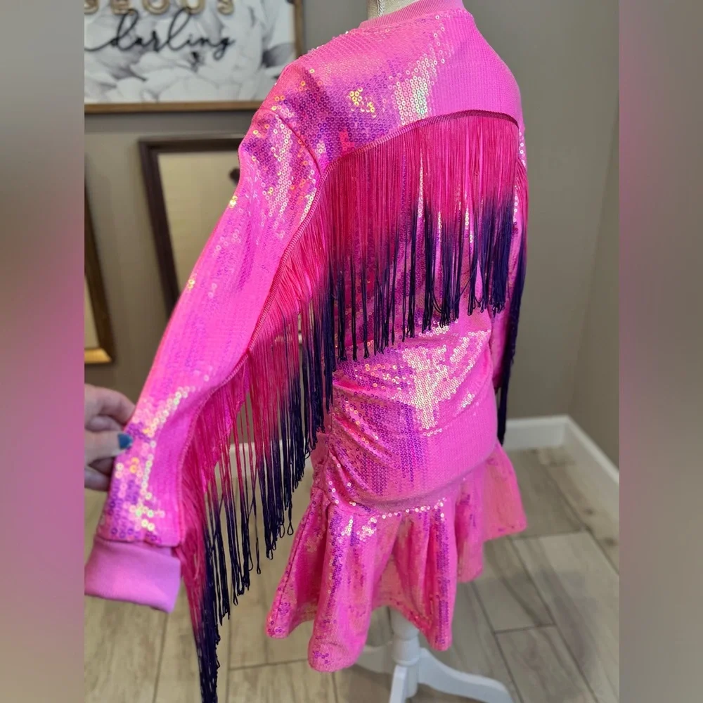 New! QUEEN OF SPARKLES Pink Sequin Long Sleeve Fringe Back Dress